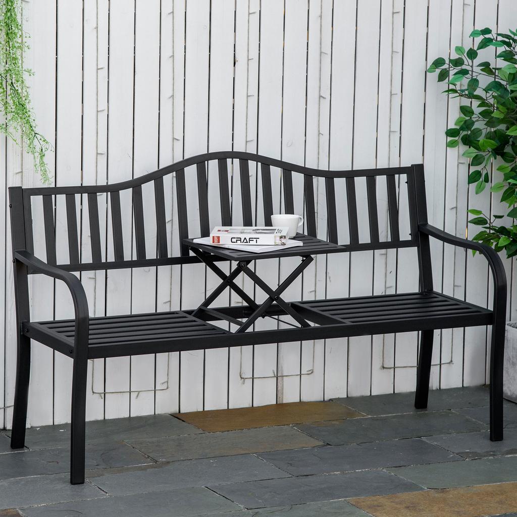 Metal Outdoor Bench with Liftable Middle Table. Patio Loveseat. Garden Bench for Garden. Porch. Seats 2–3 People. Black