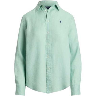 Polo Однотонная льняная рубашка с длинным рукавом и вышитым пони Женские рубашки Зеленый WMPOSHTNDO20846-330