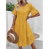 Summer Women Dress Hollow Out Pleated A-line O Neck Short Horn Sleeves Midi Dress Patchwork Solid Color Big Swing Lady Dress