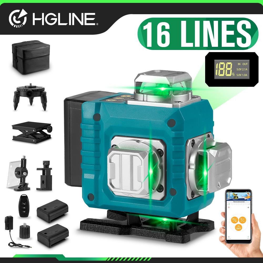 HGLINE 16-линейный лазерный уровень 4D зеленая линия 360° по горизонтали и вертикали 30 м с пультом дистанционного управления с приложением сверхмощный лазерный уровень