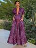 Summer Purple Printed Deep V-neck Women Dress Pleated Puff Sleeve A-line Party Evening Lady Robe