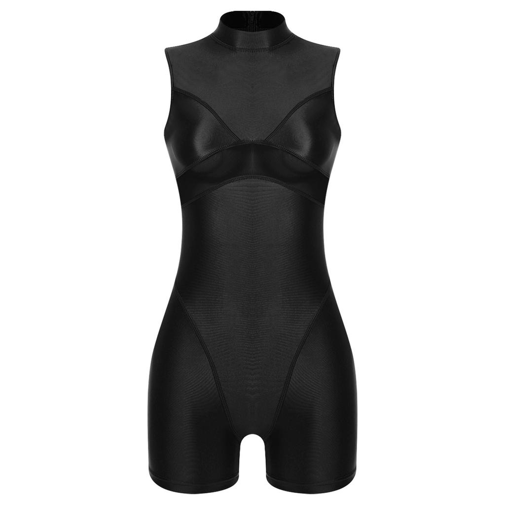 Womens Oil Shiny Bodysuit Swimwear Sheer Mesh Patchwork Mock Neck Sleeveless Back Zipper Boxer Bottom