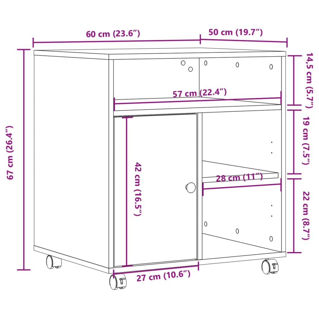 Printer Stand with Casters Smoked Oak 60 x 50 x 67 cm