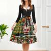 Women's Fashion Round Casual Slim Fit Christmas Print Large Swing Long Sleeve Dress