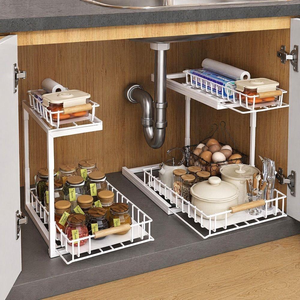 Rustproof Pull Out Storage Rack Carbon Steel Slide Out Cabinet Storage Shelf Bathroom
