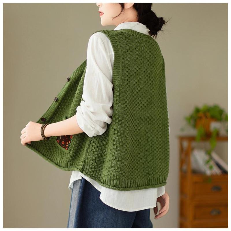 Женский вязаный жилет-кардиган из хлопка с цветочным накладным карманом, свободный и утягивающий, осенний повседневный с V-образным вырезом, без рукавов