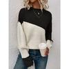 Womens Block Funnel Neck Pullover Sweater Soft High Elasticity Acrylic Knit Fabric Long Sleeve Drop Shoulder Design Perfect for Fall and Winter