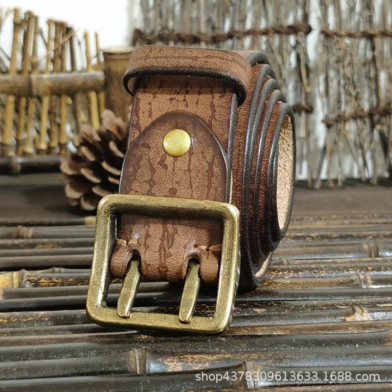 Ретро и старые тенденции персонализированный двойной игольный ремень с медной кнопкой на головке мужской ремень из натуральной кожи из натуральной коровьей кожи для джинсов