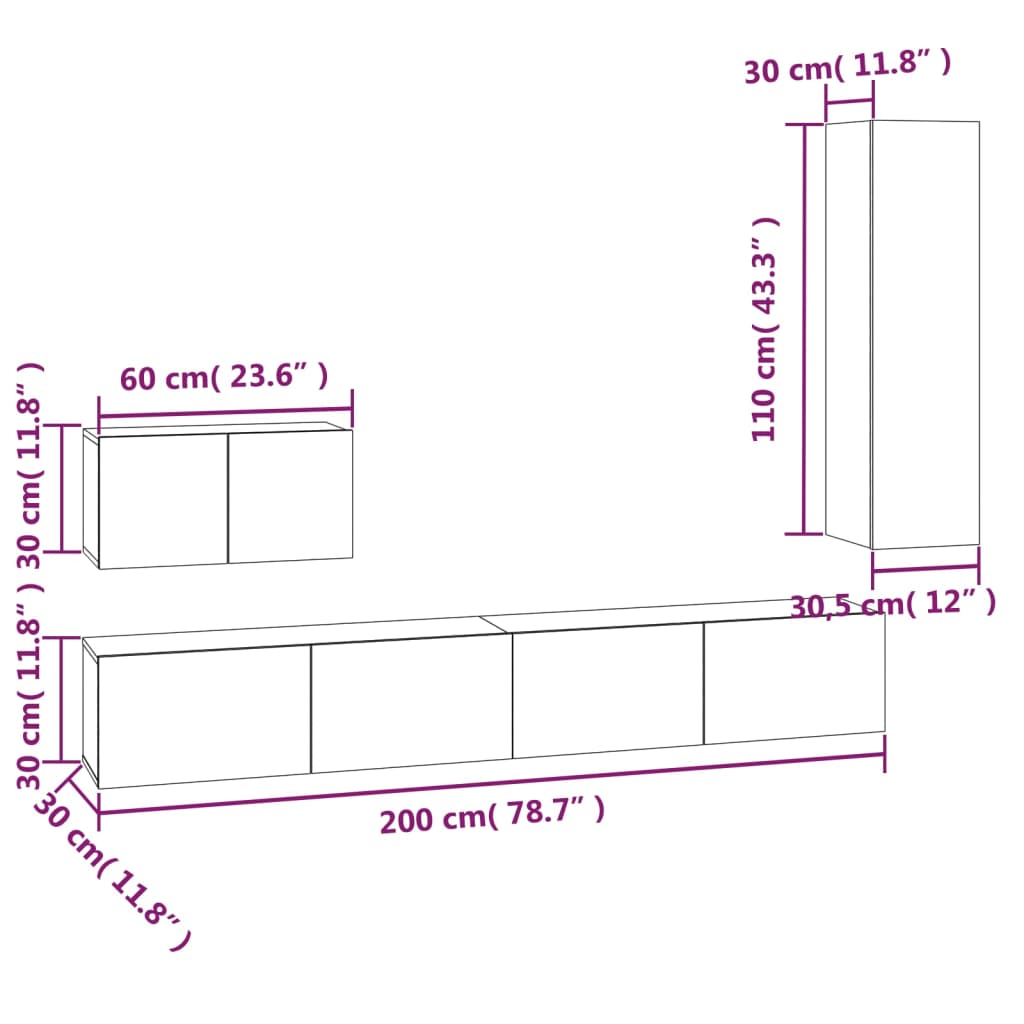 4 piece TV cabinet set white particleboard