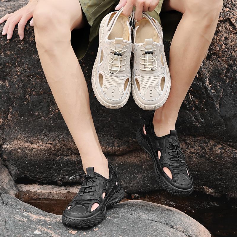 Летние сандалии мужские приливные кожаные с закрытым носком для активного отдыха и спорта, полые сандалии, пляжная обувь, ручная работа, сетчатая мужская обувь