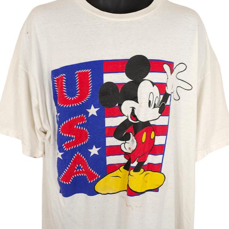 Vintage Mickey Mouse USA T Shirt Mens Size 2XL White 90s American Flag Patriotic