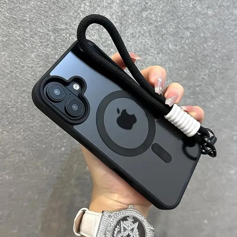 Роскошный прозрачный чехол для Magsafe со шнурком для iPhone 17 Pro 16 15 14 13 12 11 Pro Max, противоударный бронированный чехол с ремешком на запястье