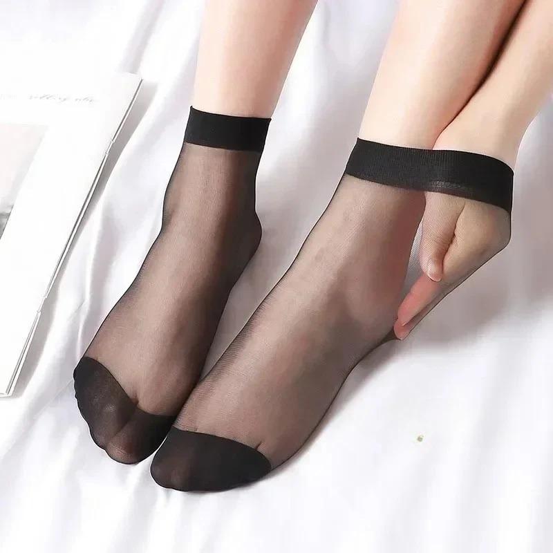 5Pairs/lot Black Skin Color Transparent Thin Women Crystal Silk Socks Nylon Fashion Ladies Female Summer Short Ankle Silk Socks