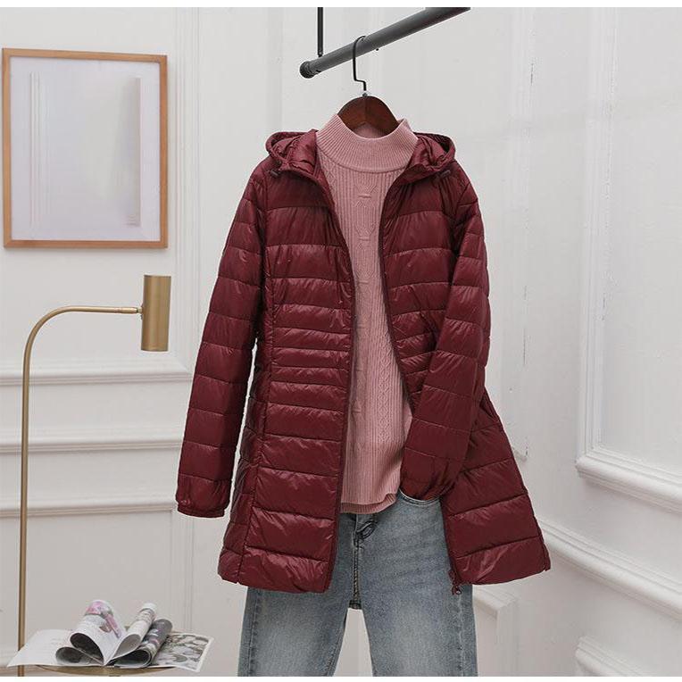 Женский длинный теплый пуховик с портативной сумкой для хранения, женский легкий пуховик, женские пальто длиной до бедра, High Street