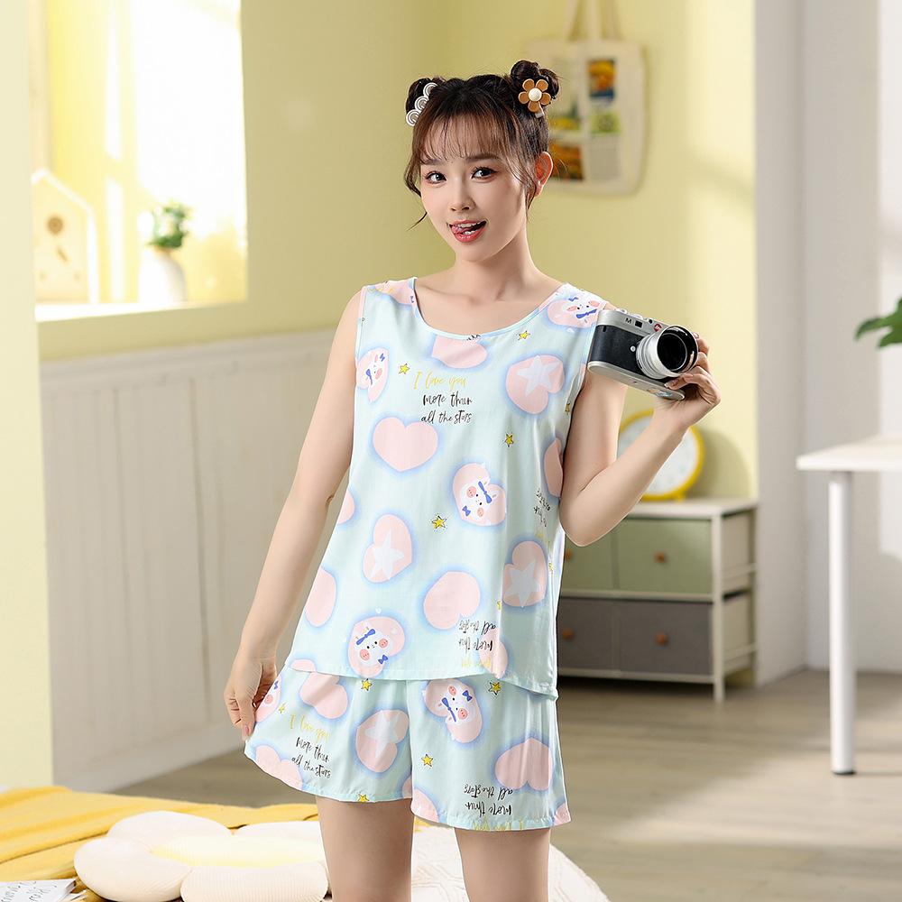 Хлопковые шелковые пижамы, комплекты из двух предметов, женский летний жилет, короткие шорты без рукавов, повседневные удобные милые большие размеры
