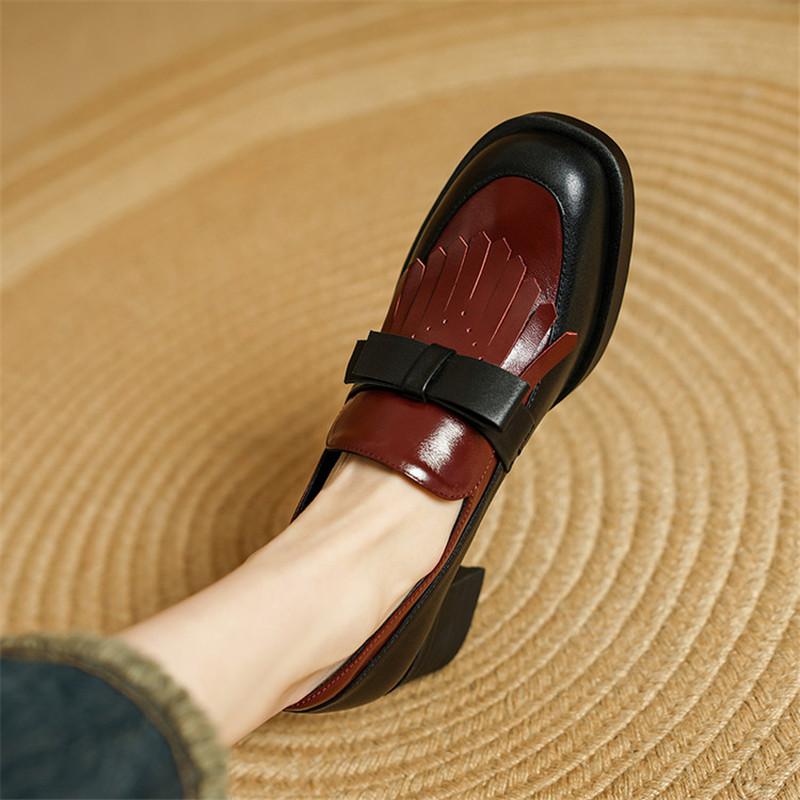 Fashion New Spring/summer Genuine Leather Women Pumps Shoes for Women Fashion Mixed Color Bow Round Toe Chunky Heels High Heels Loafers