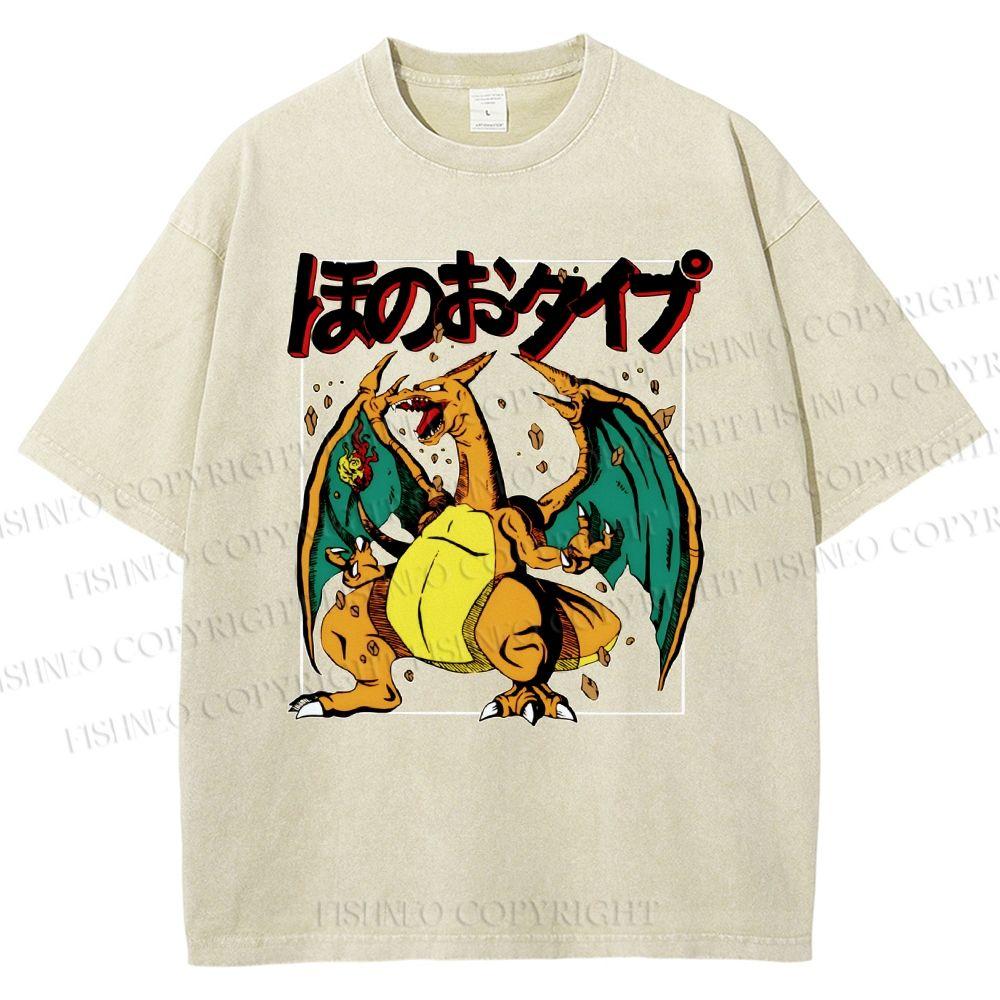 2026 Summer Charizard Pokemon Anime Men's T-shirt Vintage Washed Women Short Sleeve Tee Streetwear Oversized Casual Tops Unisex