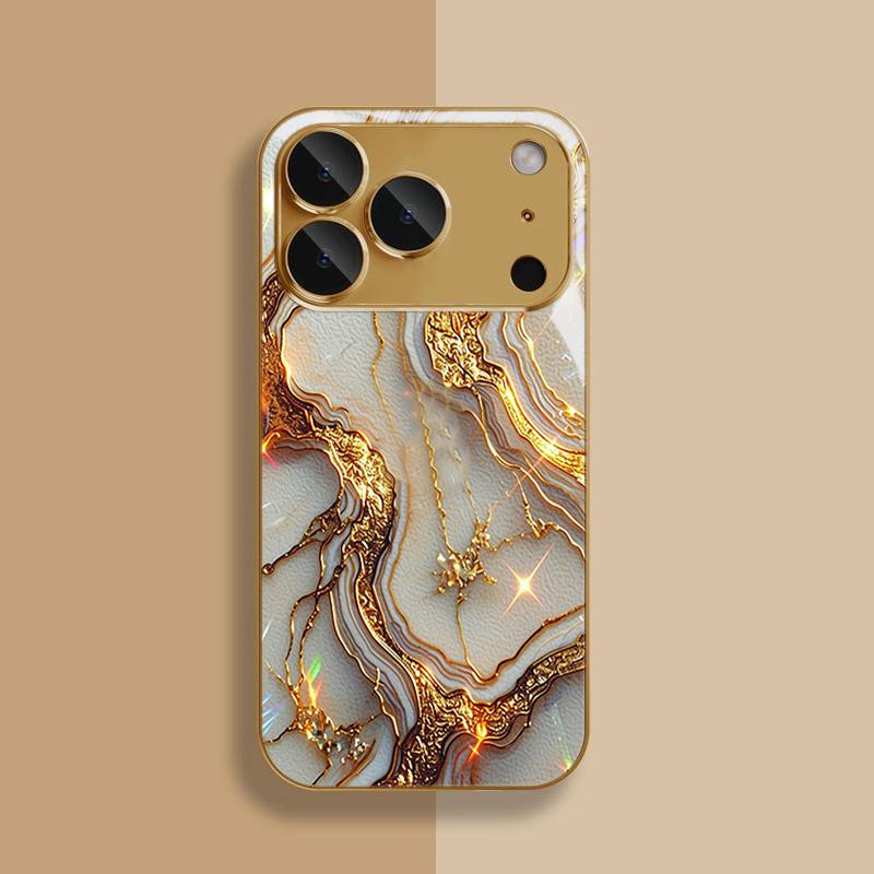 Золотистый Белый Мраморный Чехол для Телефона из Закаленного Стекла Для iPhone 18 17 Pro Max 14 15 16 Plus 13 12 11 Pro Max 16E 17 Air Cover