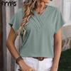 Женские модные повседневные летние весенние однотонные блузки и рубашки с v-образным вырезом и короткими рукавами с принтом