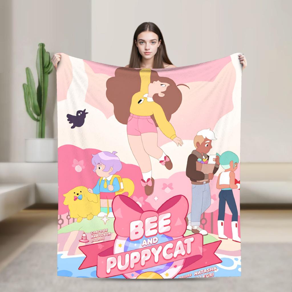 B-Bee And P-Puppycat Warm Soft Blanket Travel Plush Throw Blanket Novelty Bedroom Flannel Bedspread Sofa Bed Cover