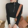 Women's Knitted Bottoming Shirt: Soft Half-High Collar, Short Tight-Fit, Ring Zipper, Thick Long-Sleeve Sweater for Autumn/Winter.