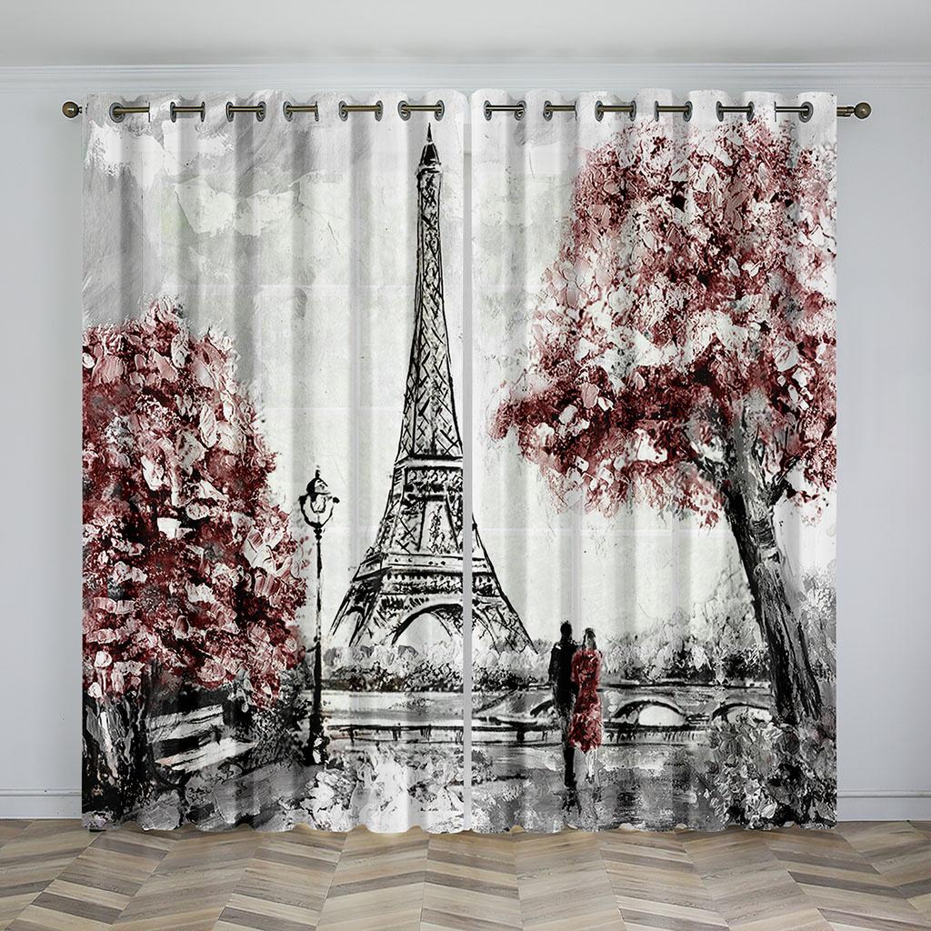 3D Print Modern City Lovers Paris Eiffel Tower Maple Leaf Free Shipping 2 Pieces Curtain for Living Room Bedroom Decor Hook