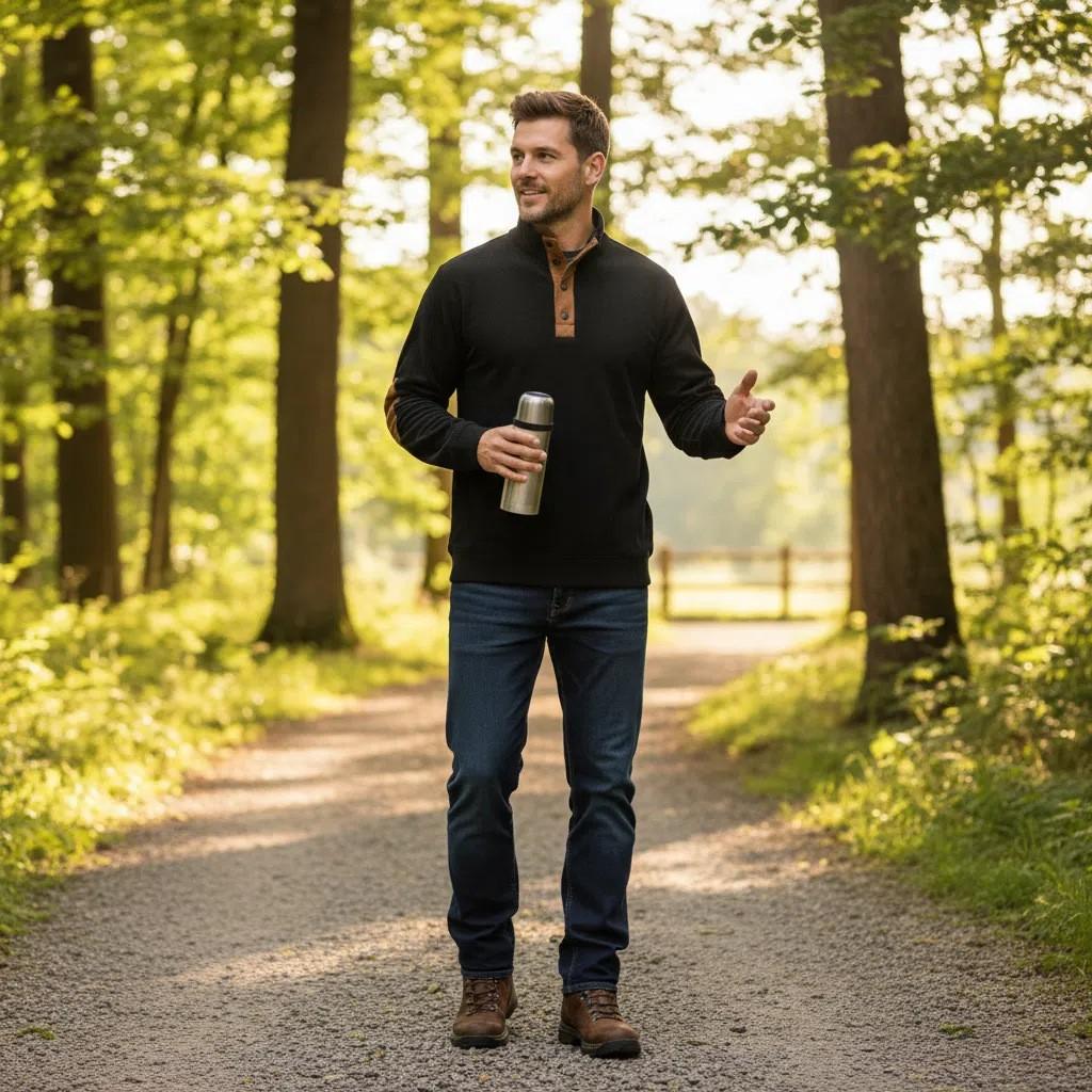 Men's Black Ribbed Sweater with Brown Leather Accents - Autumn Style for Outdoor Wear