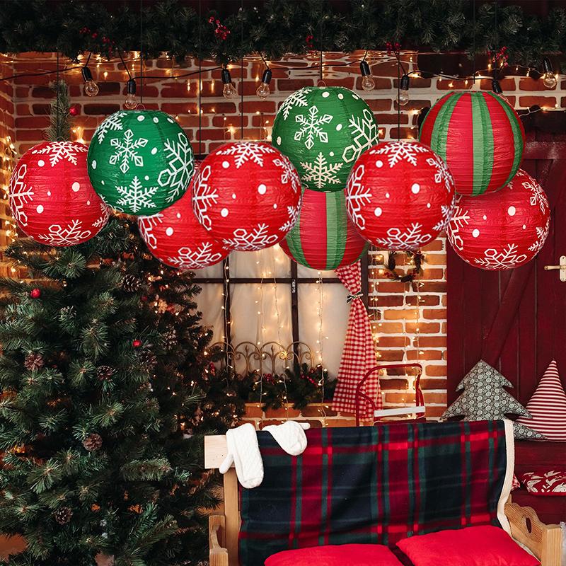 1 шт./5 шт. Подвесные бумажные фонарики Праздничные торжества Красный Зеленый Домашний бумажный фонарик Декор для двора С принтом снежинок Новый год 2 цвета