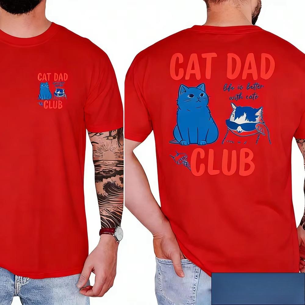 Summer Unisexs Cat Dad Club Letter Cat Double Sided Printed Round Neck Tshirt 100 Cotton Outdoor Soft Breathable Short Sleeve