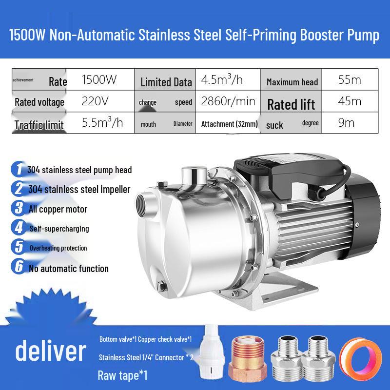 220V Stainless Steel Automatic Self-Priming Jet Pump for Home Well & Tap Water Pressure Boosting