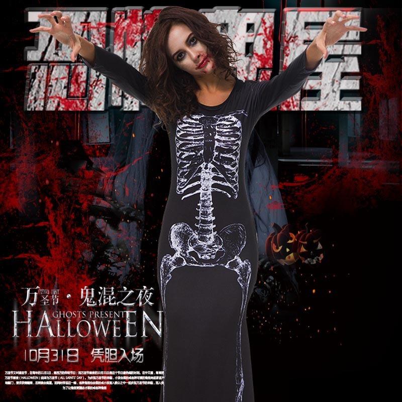 Платье с принтом скелета, платье с индивидуальностью, костюм привидения на Хэллоуин, длинное платье, костюм для сценического выступления, костюм для косплея
