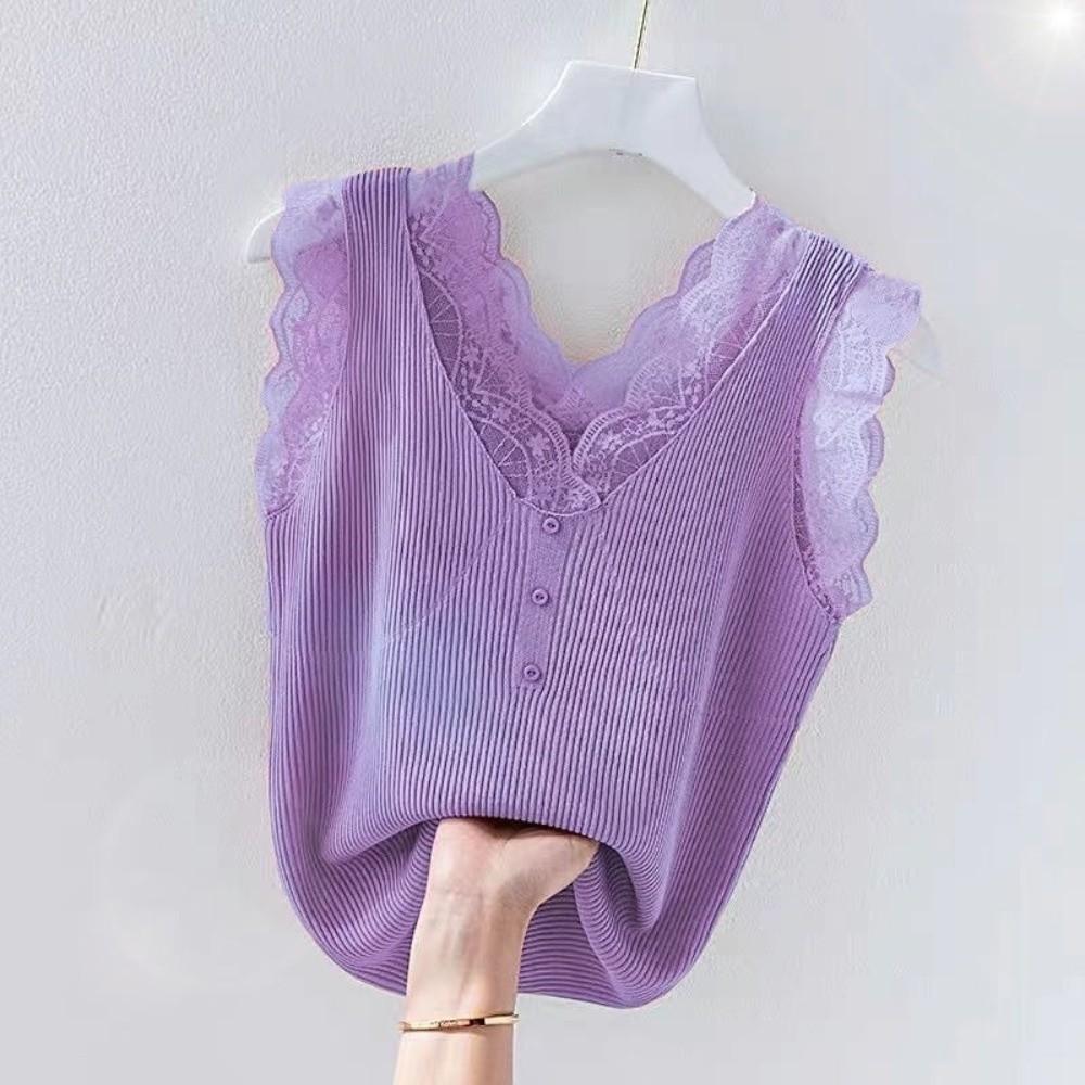 V-Neck Lace Strap Vest Sleeveless Knitted Vest Trend Slimming Base Top for Women