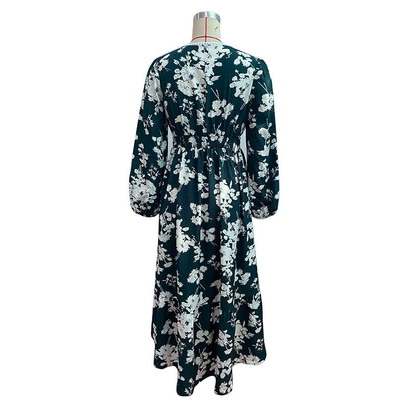 Женское весеннее платье с V-образным вырезом и рюшами и длинными рукавами с нерегулярным принтом и цветочным принтом