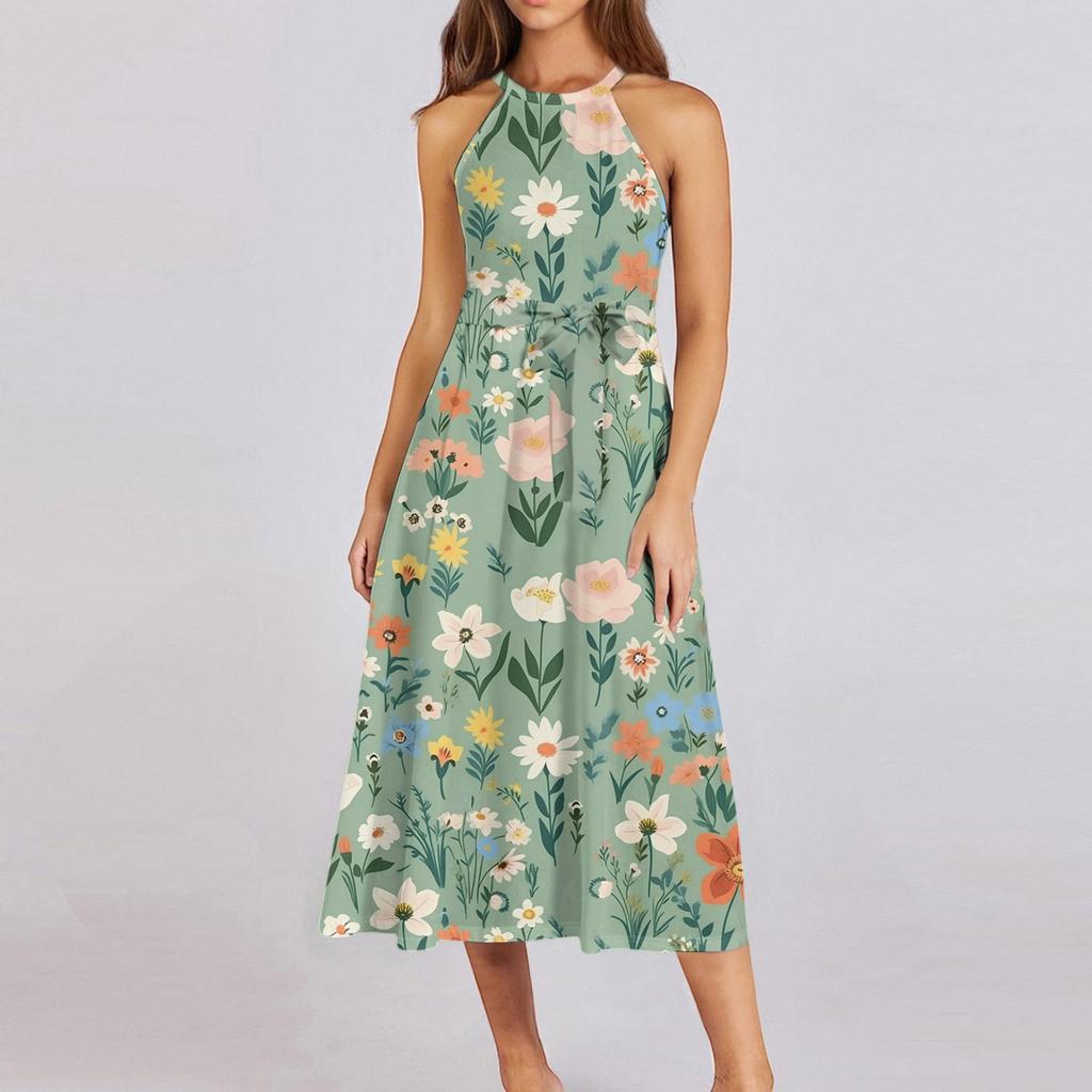 Женское повседневное платье миди с круглым вырезом, классическое, повседневное, без рукавов, свободное платье в стиле бохо с завязками, летний пляжный сарафан