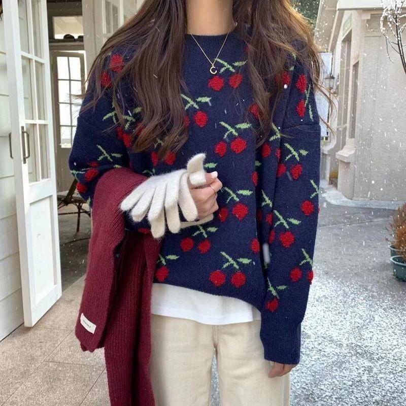 Осень Зима Новый Вязаный Свитер Оверсайз с Принтом Вишни Женский Ленивый - Шикарный С Круглым Вырезом Сладкий Свитер Пуловер