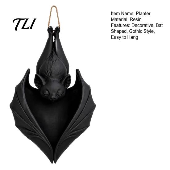 Gothic Style Plant Container Hanging Bat Pot, Resin Planter, Halloween Spooky Home Porch Planter for Trailing Vines, Artificial Plants, Indoor Outdoor