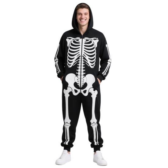 Halloween Costume Luminous Skeleton Print Family Matching Pajamas Hooded Long Sleeve Adults Kids One-Piece