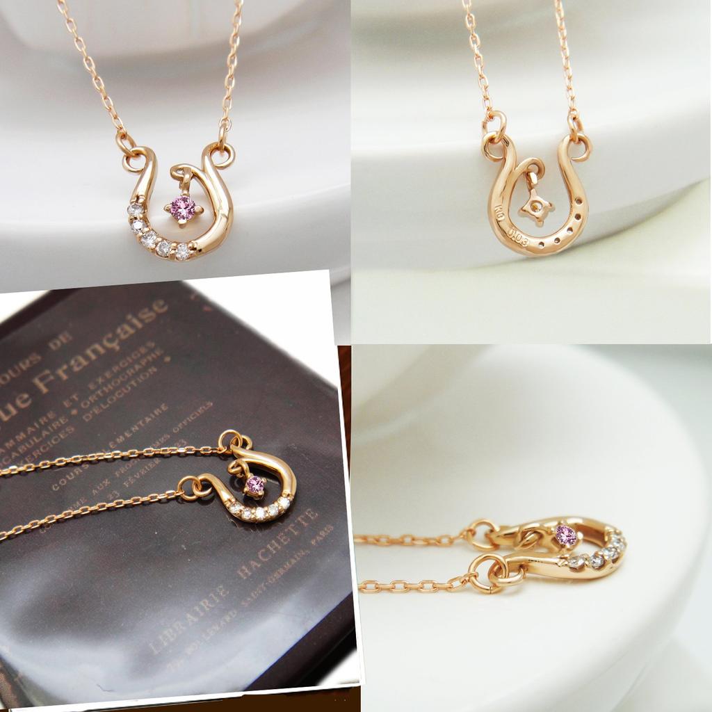 Miwahouseki Happy Horseshoe Choice of Birthstone Pink Gold Diamond Necklace September Pink Sapphire [Miwahouseki] &