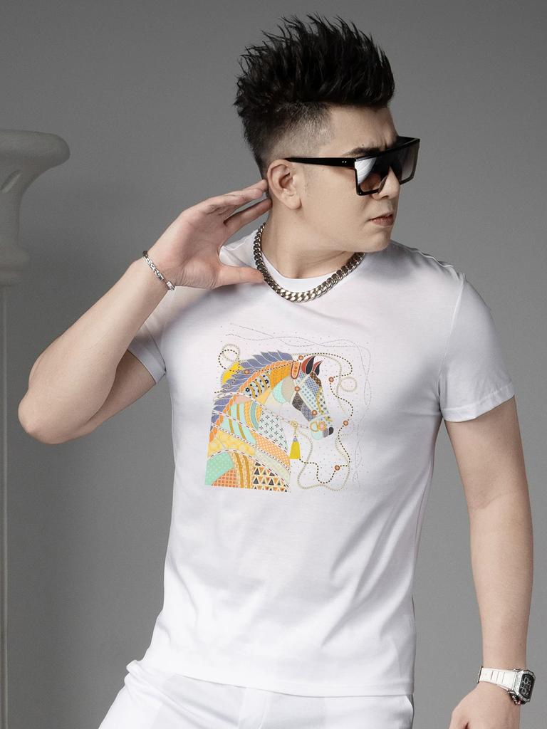 European Station 2025 Summer New Men's Round Neck Cartoon Print Short Sleeve T-Shirt Trendy Casual Half-Sleeve Top for Men
