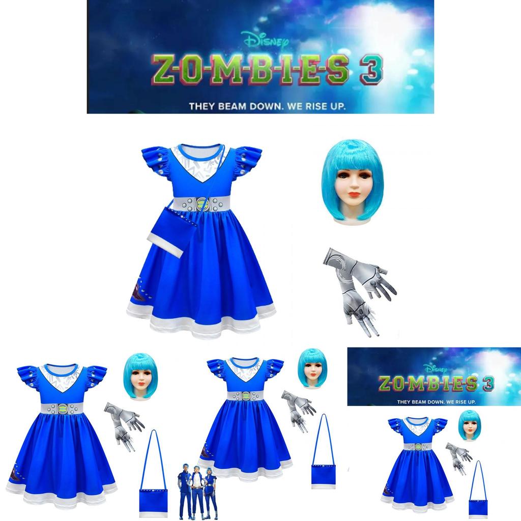 Kids Zombies 3 Cheerleader Cosplay Costume Halloween Dress Bag Wig Suit Gift Set