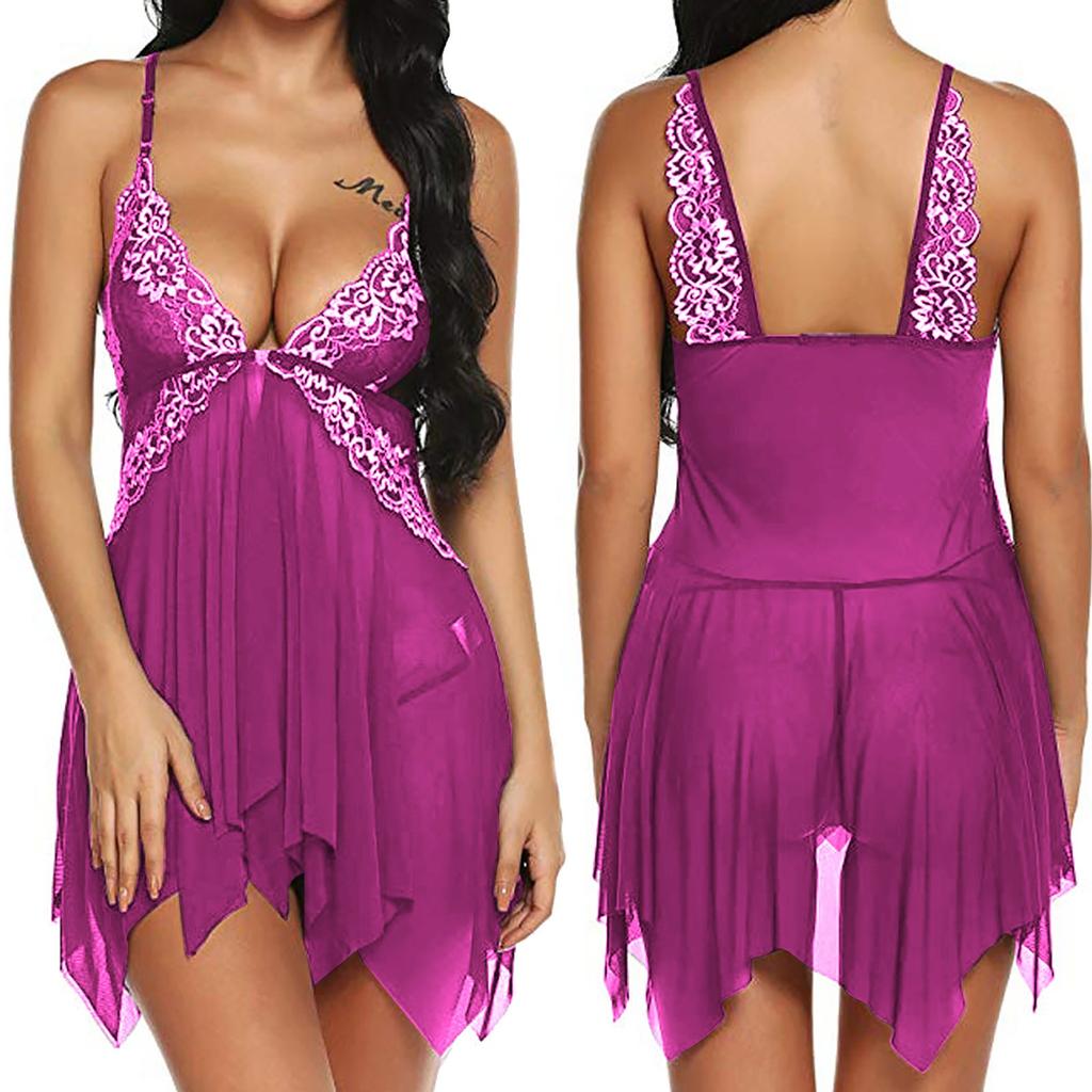 Women V Neck Floral Lace Lingerie Set Open Front Sexy Babydoll Mesh Underwear