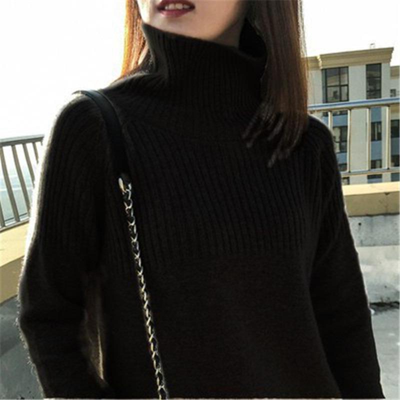 Осень Зима Свободный Вязаный Водолазка Женские Свитера Однотонный Модный Элегантный Повседневный Простой Утепленный Топы Однотонный Пуловер Одежда