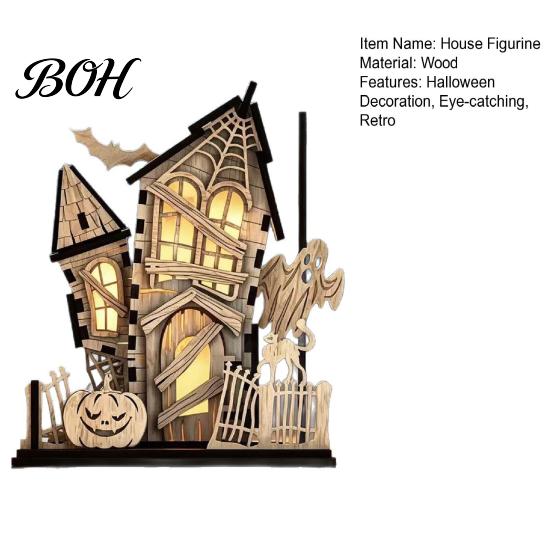 Window Scene Decorative Ornament 3D Halloween Village Haunted House Figurine, Spooky Light Up Wooden Castle Creative Holiday Tabletop Decoration with