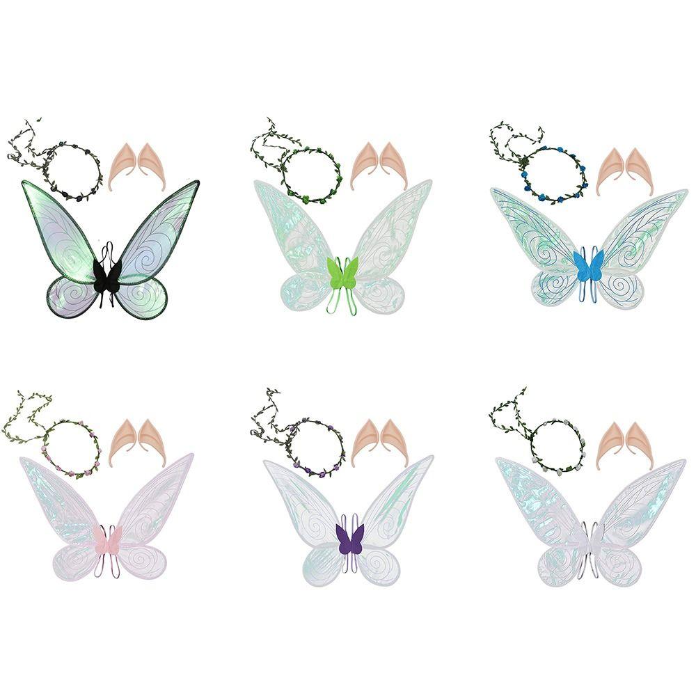 Костюм на Хэллоуин с блестящими крыльями феи, крыльями бабочки с цветочной короной и эльфийскими ушками, подарок на вечеринку