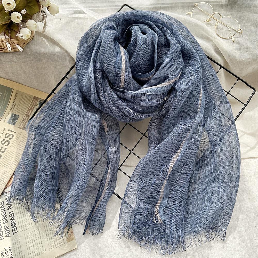 Полосатый льняной шарф для женщин летом Литературный солнцезащитный цвет Ткачество Мастерство Марлевый шарф