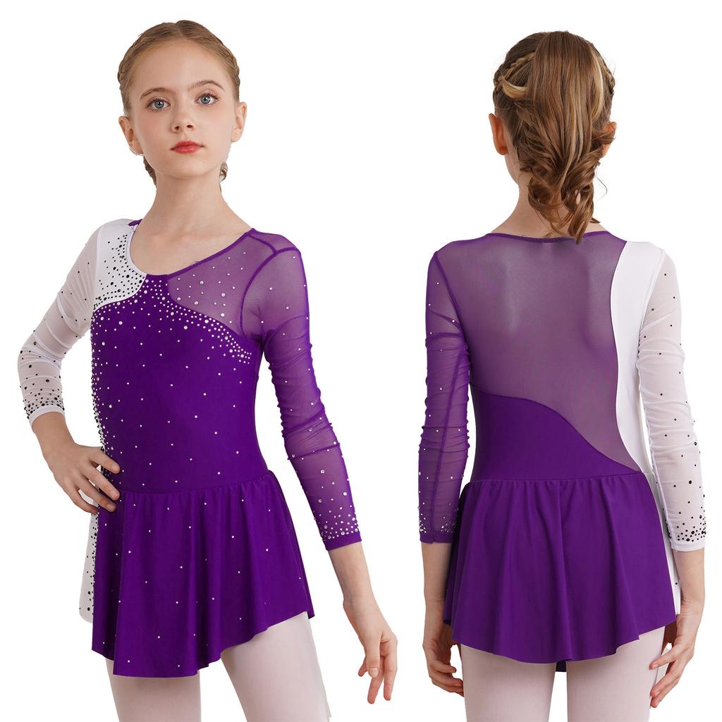 Kids Girls Stylish Dance Wear Long Sleeve Rhinestone Decor Contrast Color Skating Dresses
