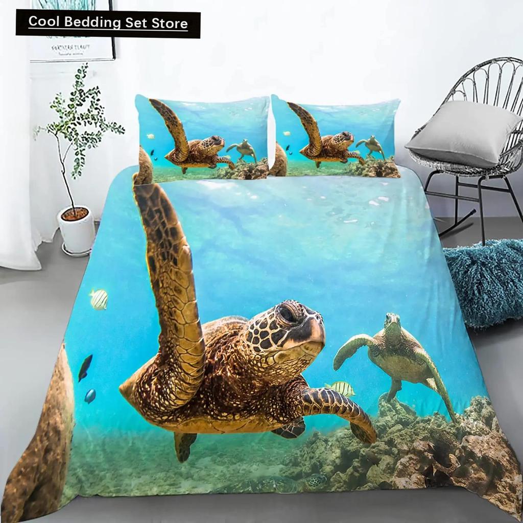 Sea Turtle Duevt Cover Set King Size Ocean Turtle Themed Comforter Cover for Teens Boys and Girls Soft Polyester Quilt Cover