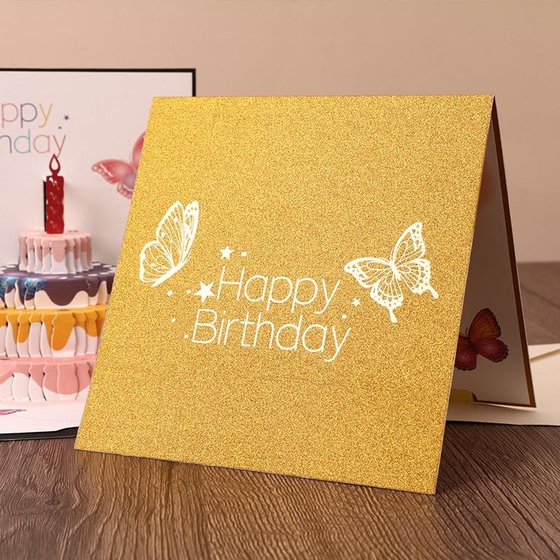 1pc Colorful Handmade 3D Birthday Greeting Card with Butterfly Cake Design - Foldable Pull-out Inner Card for Custom Wishes