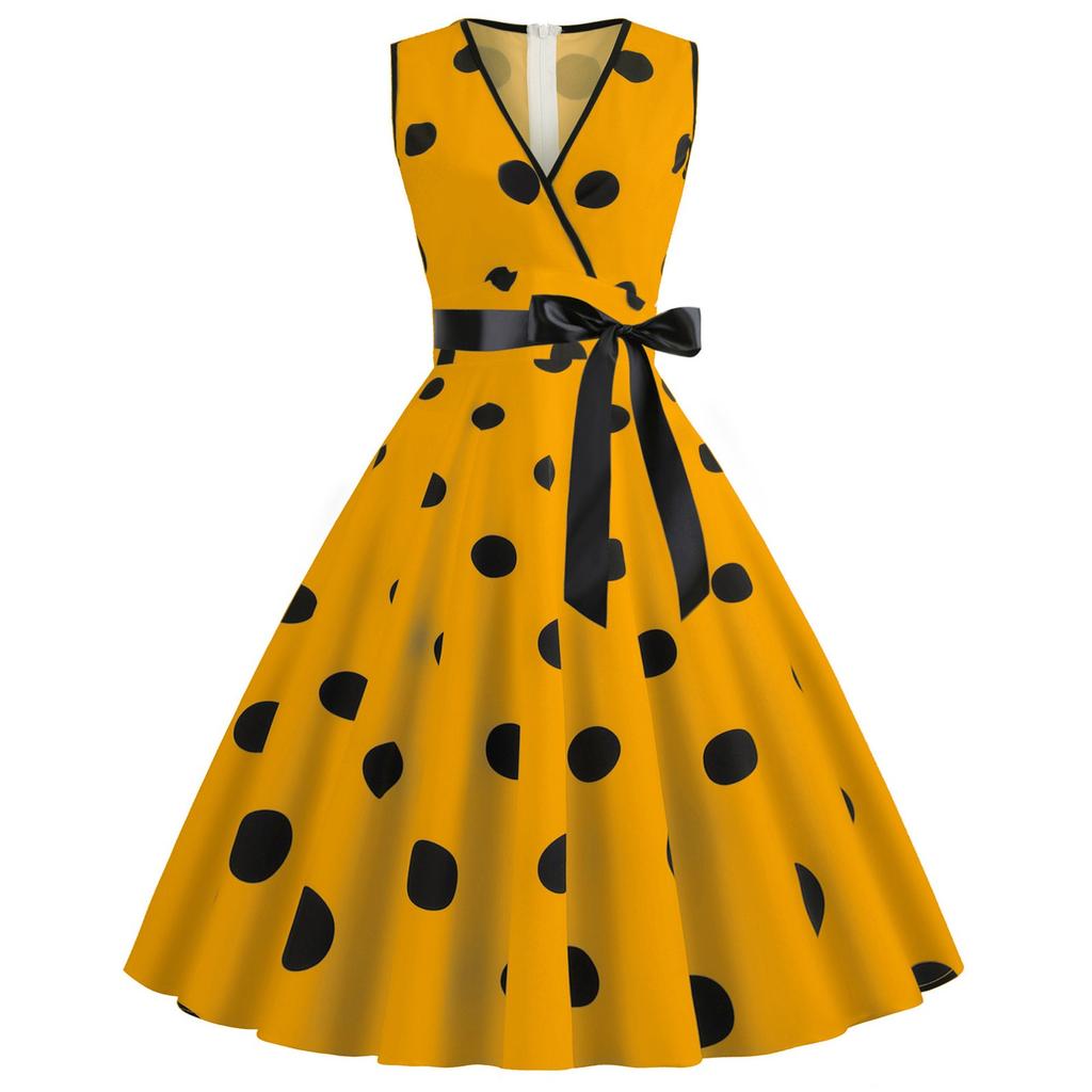 Женское свободное платье в стиле ретро без рукавов с v-образным вырезом и принтом в горошек, черная лента на талии