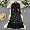 Spring Autumn Women Vintage Full Sleeve Hollow Out Lace Long Midi Party Dresses